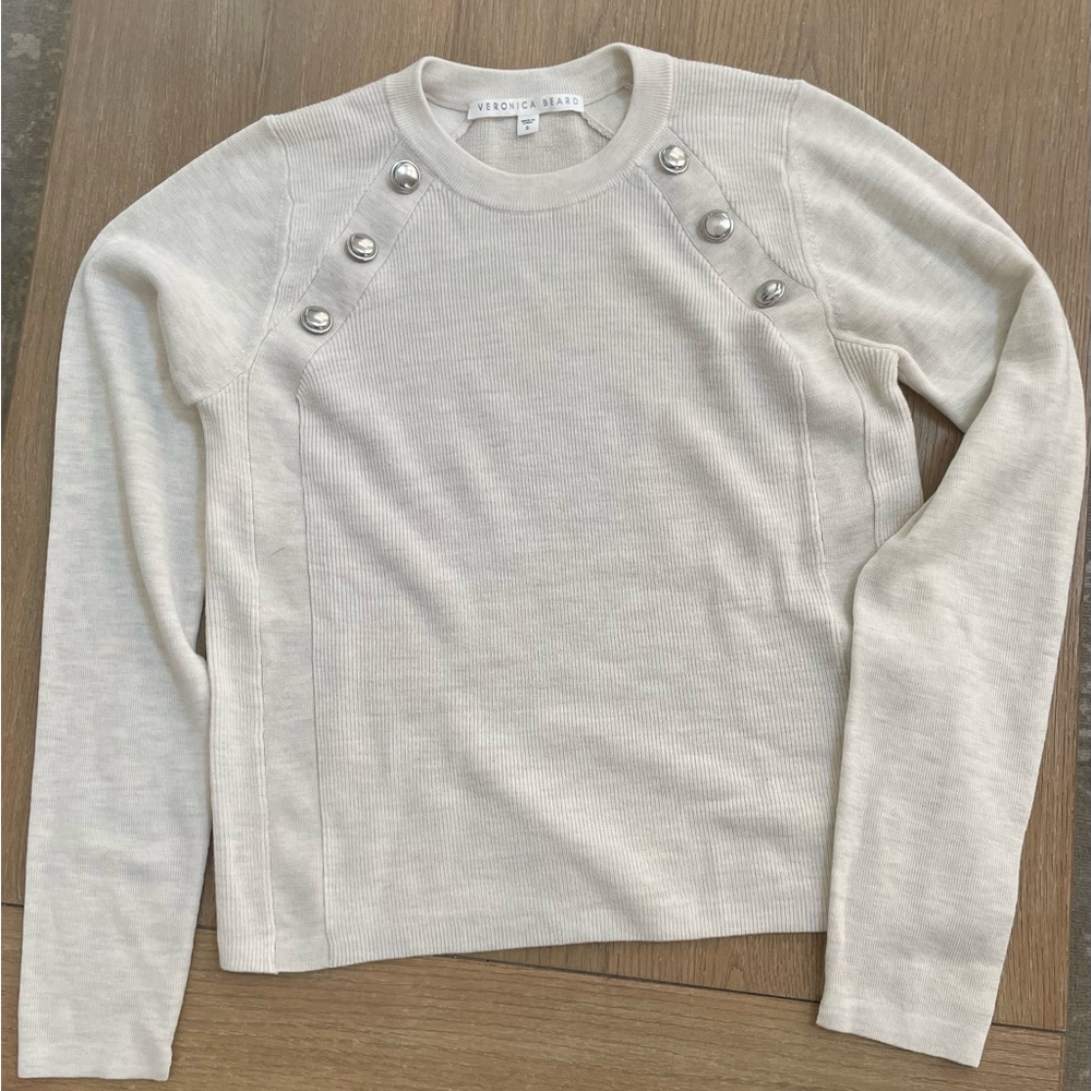 Veronica Beard Ivory Knit Top with Metallic Buttons